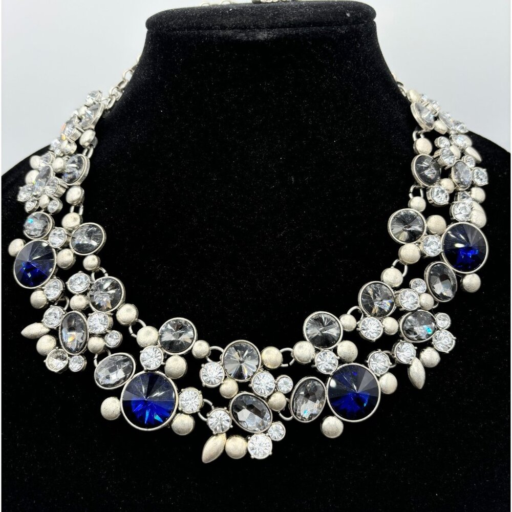 Cobalt-Clear Crystal Silver Tone Designer Boutique Necklace